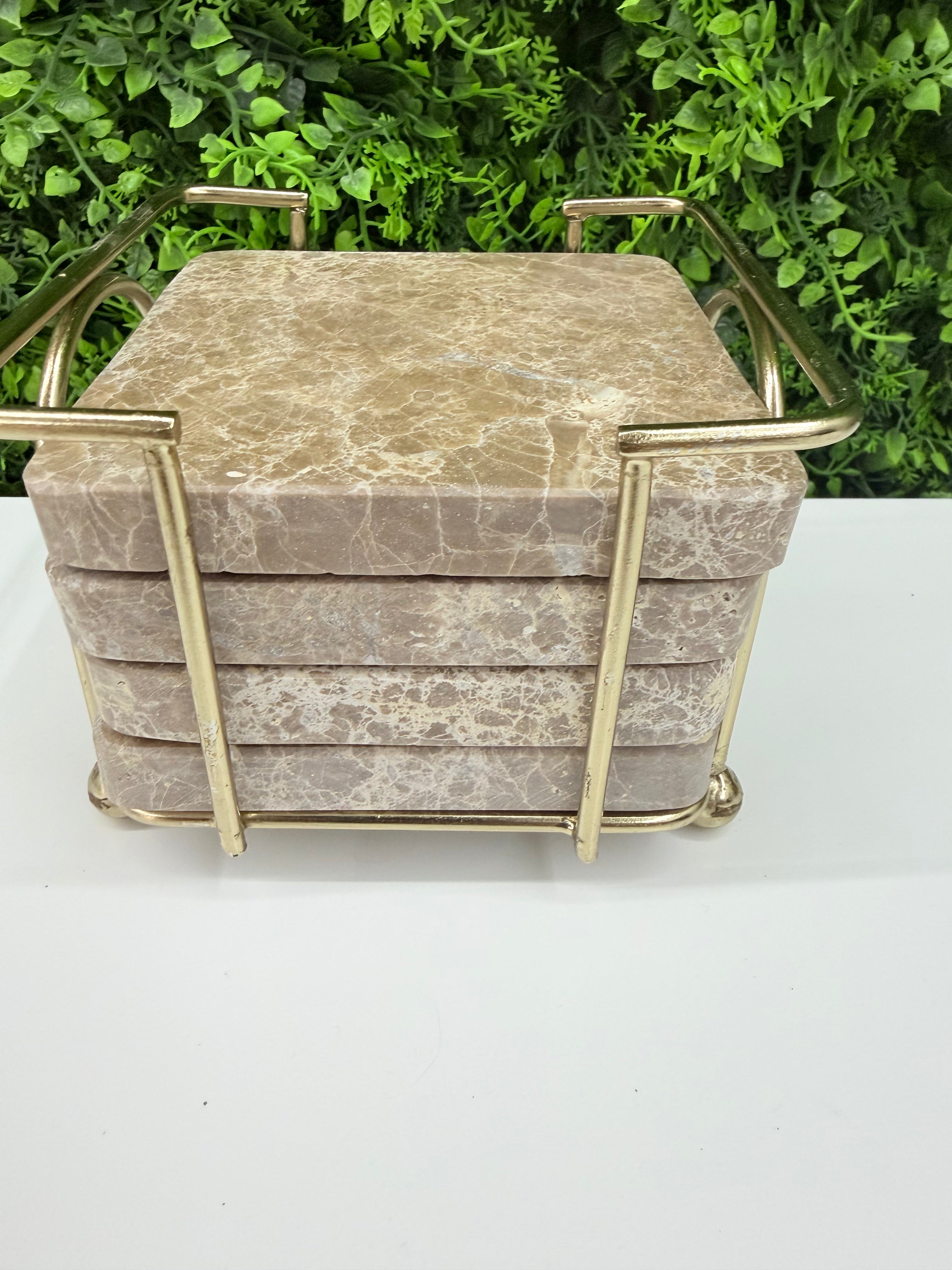 Tan Stone Coasters with Gold Holder